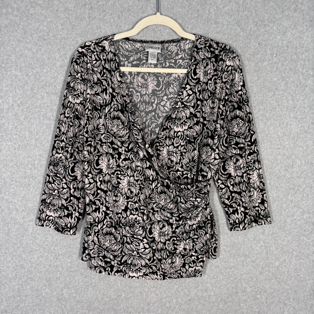 90s Chicos Wrap Babydoll Blouse Medium Black Pink Paisley Liquid Slinky Ruched‎